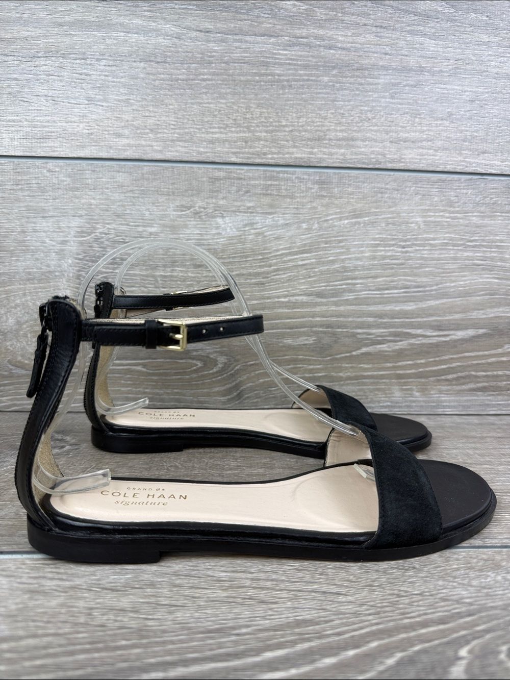 Cole Haan Signature Grand OS Black Ankle Wrap Strap Rear Zip Womens Sz 8B Sandal